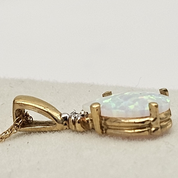 10k Gold Necklace Diamond Synthetic Opal Teardrop 18" Baby Rope Chain Gift Box - Picture 4 of 9